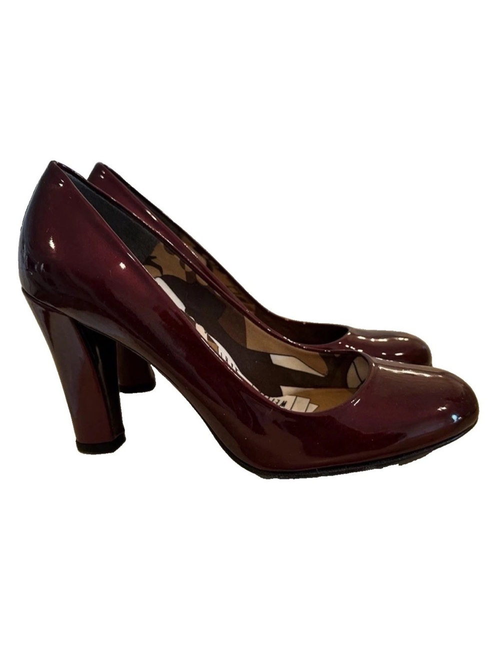 Stuart Weitzman Burgundy Patent Round-Toe Block Heel Pumps